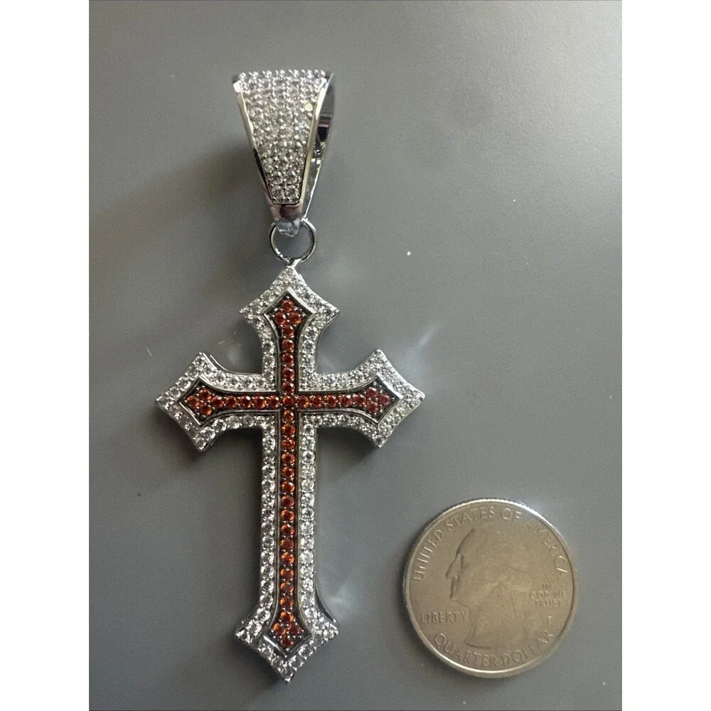 Silver Plated Red Cubic Zirconia Cross Pendant 24” Necklace Unisex Hip Hop